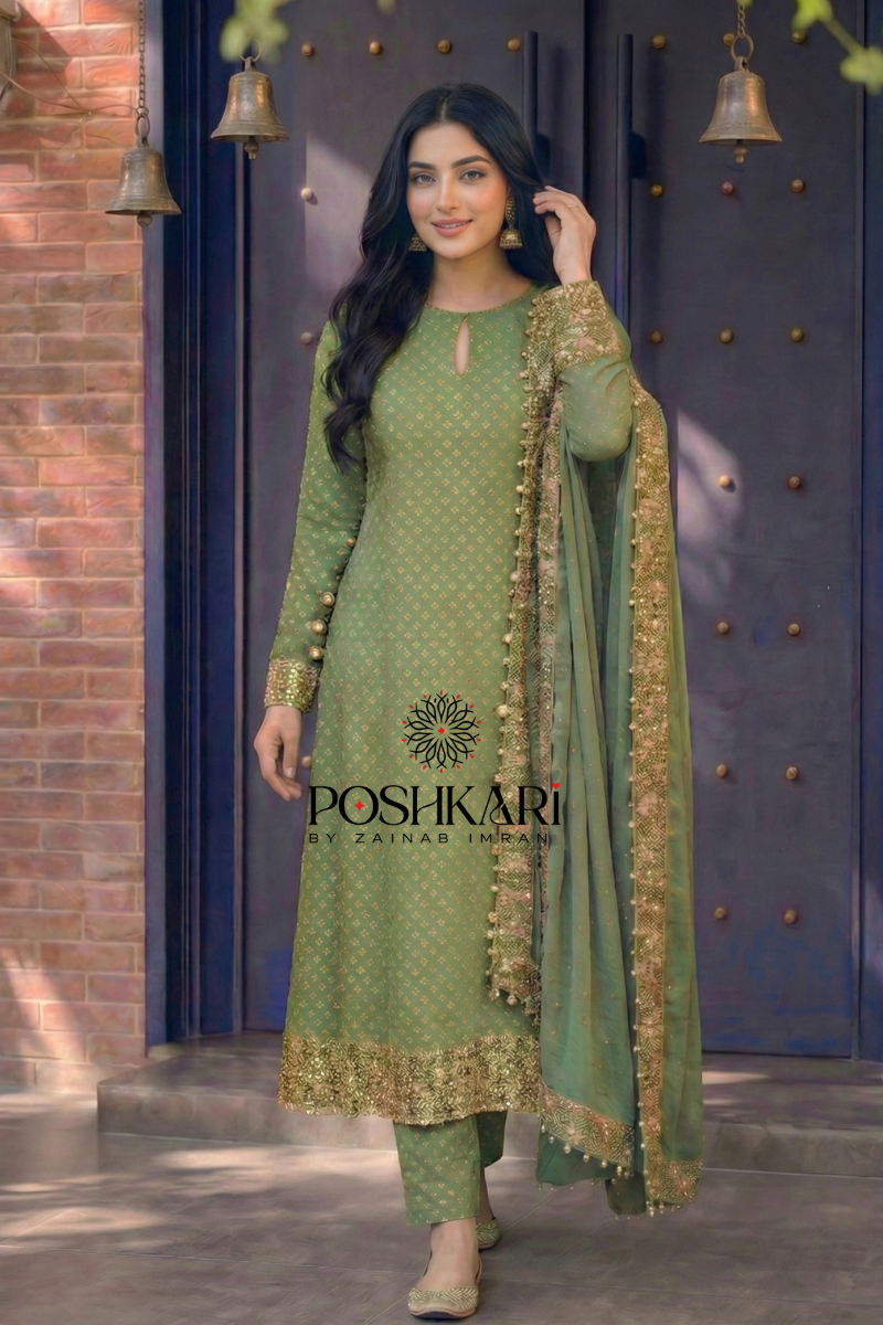 Poshkari Pistachio Chiffon Embroidered Unstitched Collection